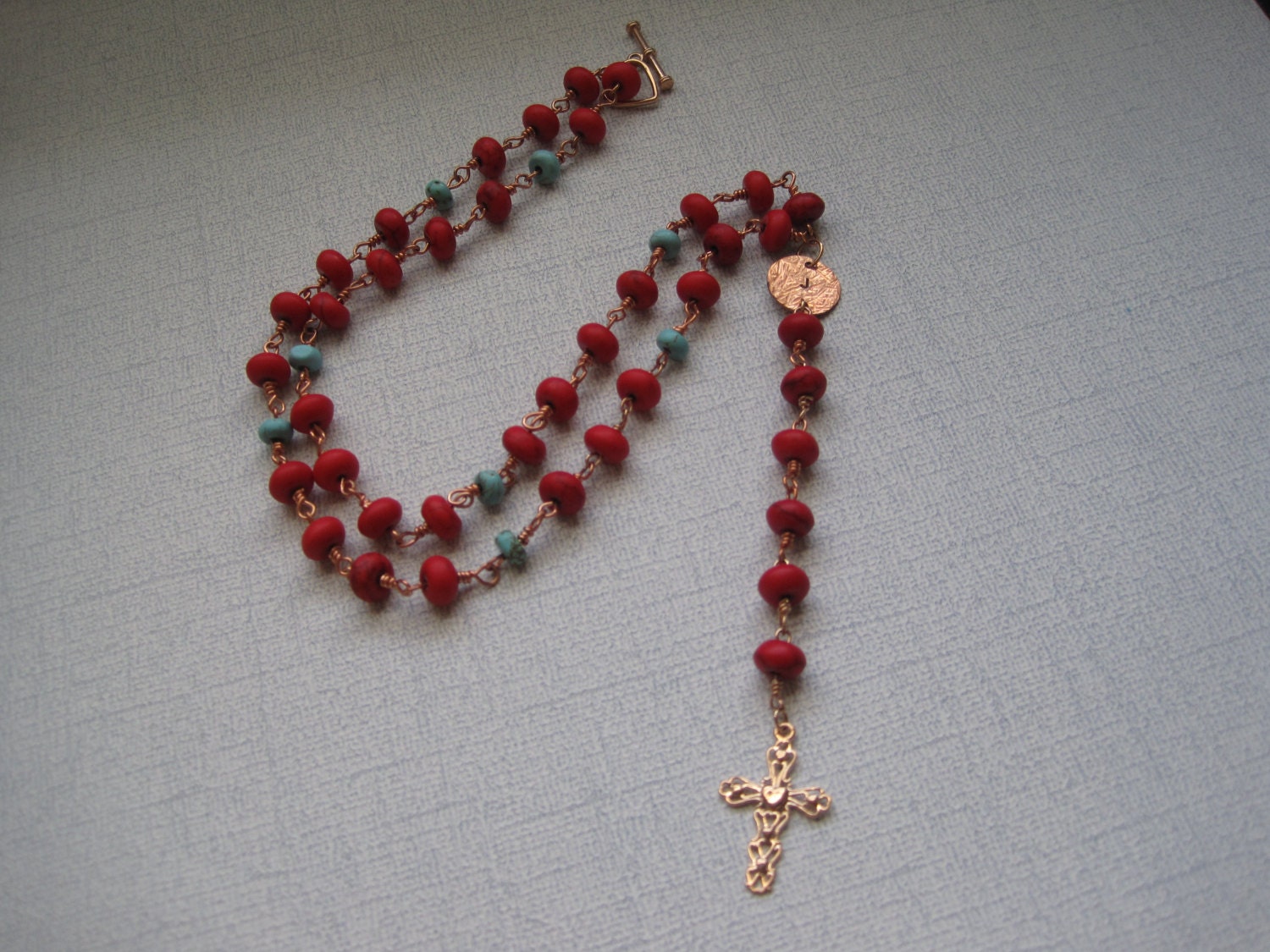 Rosary necklace inspired by Yolanda of Real Housewives of Beverly Hills red and blue howlite copper handstamped disc & Cross