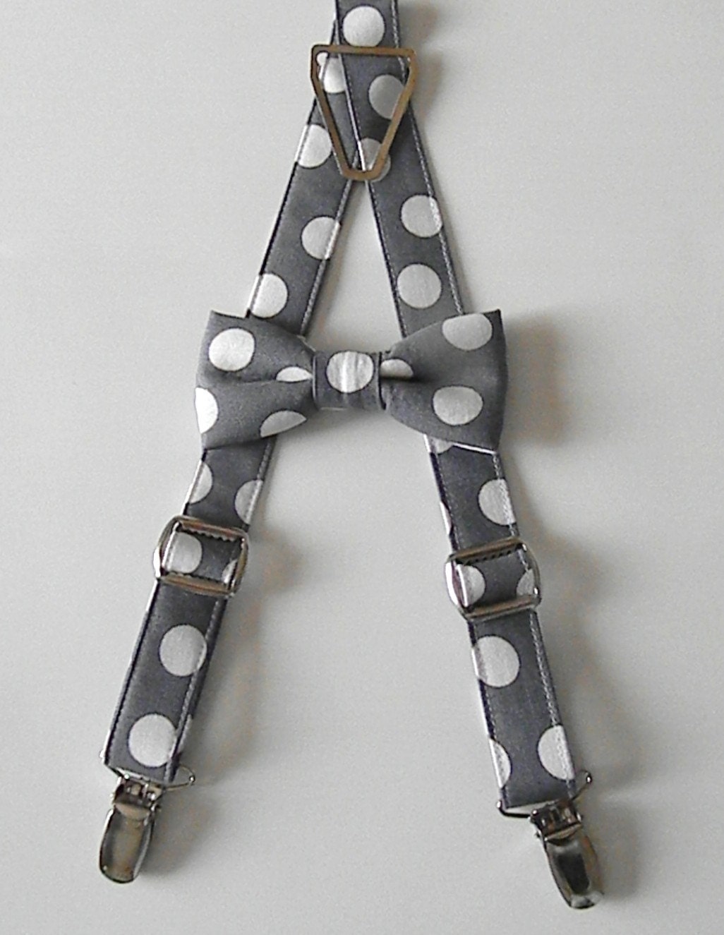 Grey with White Polka Dots Suspender and Bow Tie Set