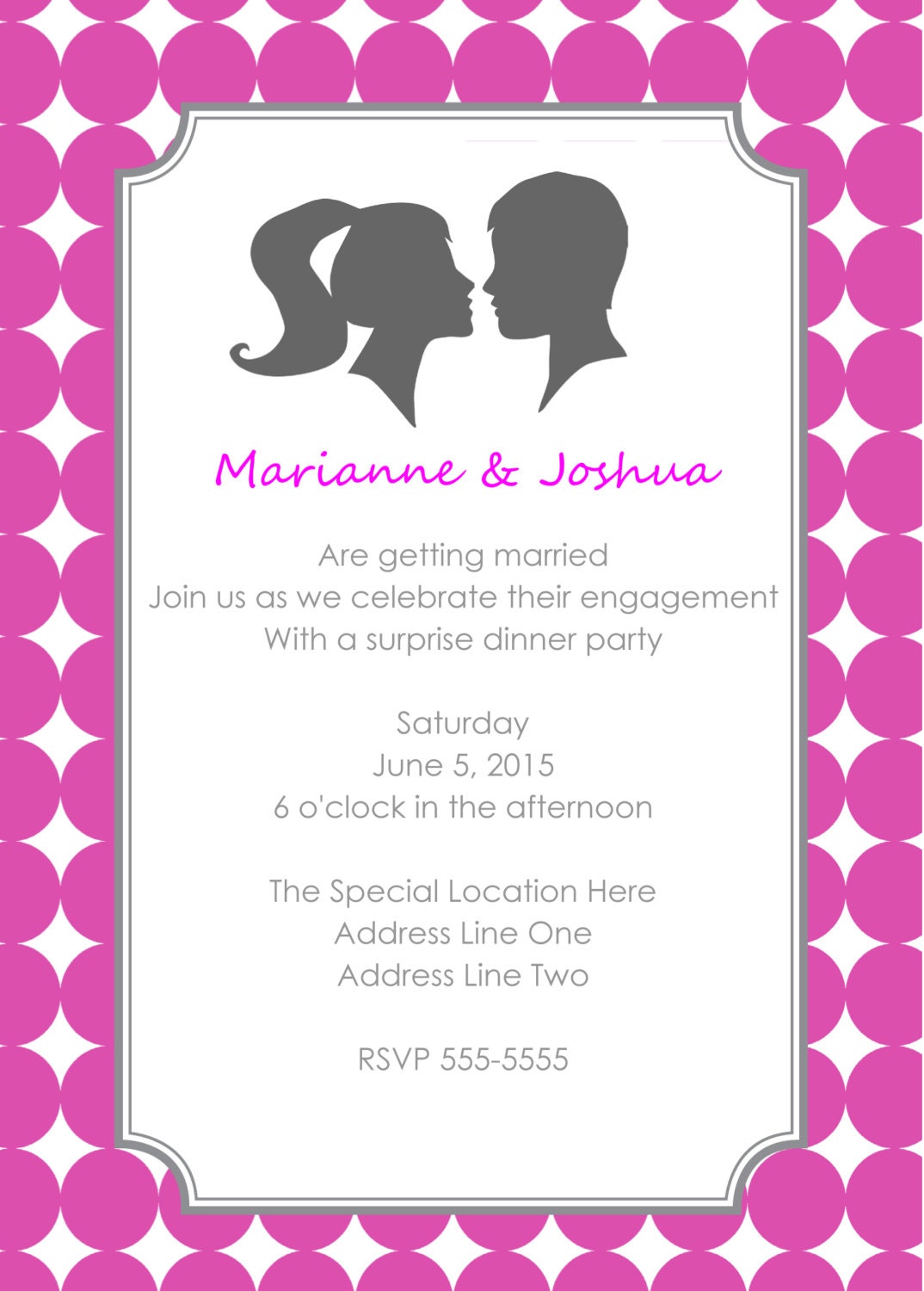 Silhouette Couple Raspberry and Grey Printable Wedding Invitation