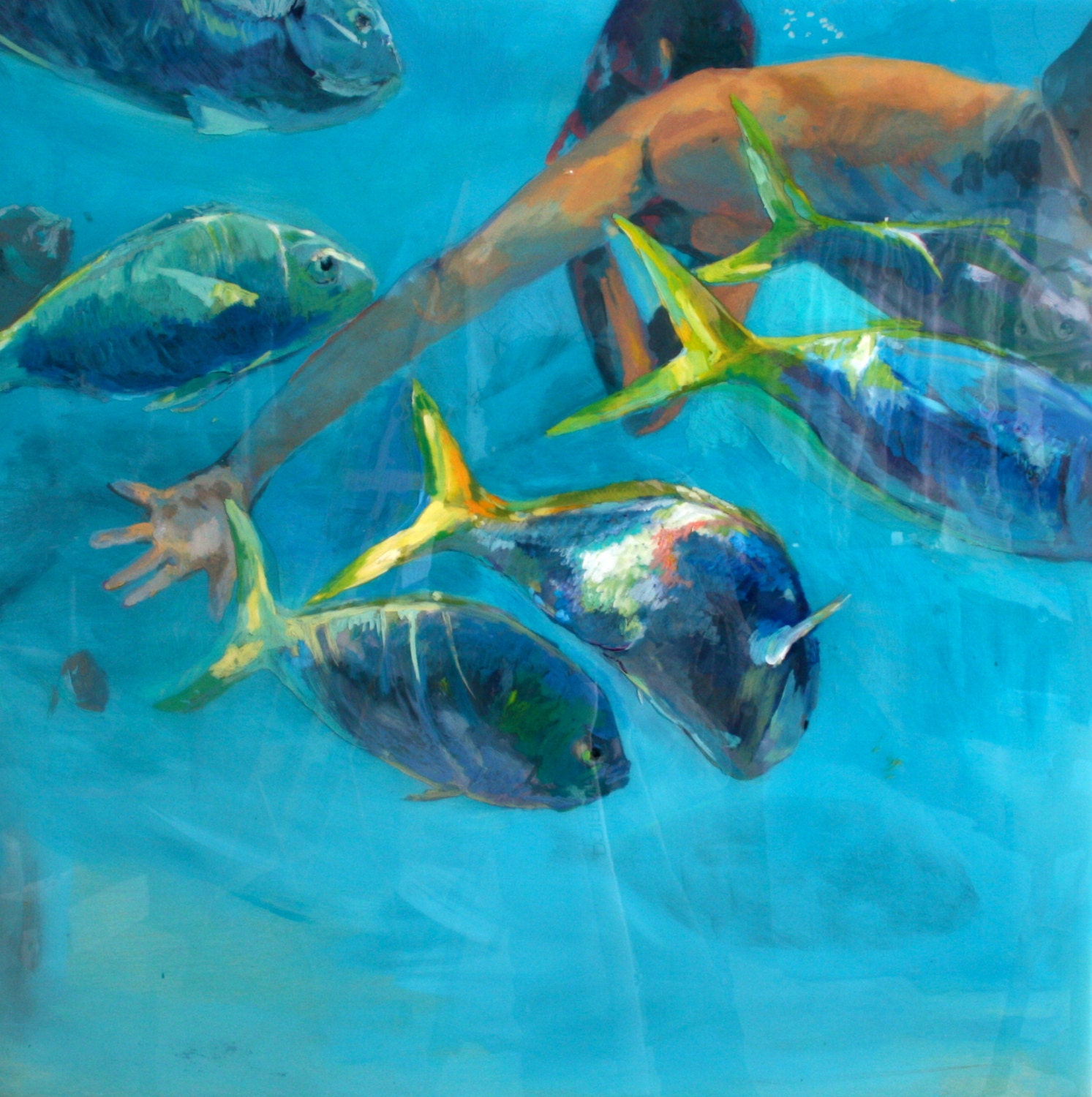 Swimming Bodies of the Seas // Original Painting on Canvas // 24" x 24"