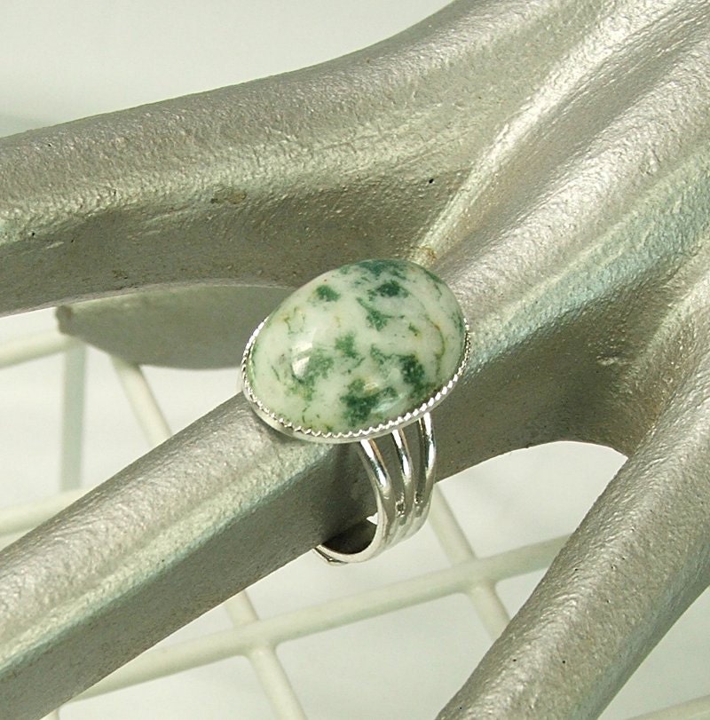 Stone Ring Green and White Tree Agate Womens Ring Mens Ring Adjustable Gemstone Ring
