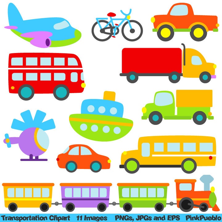 Transportation Clip Art Clipart with Car, Truck, Train, Helicopter, Plane, Boat, Bus, Scooter - Commercial and Personal Use