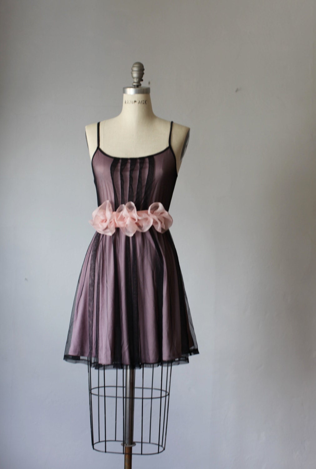 Ready for shipping black tulle blush pink flowers dress