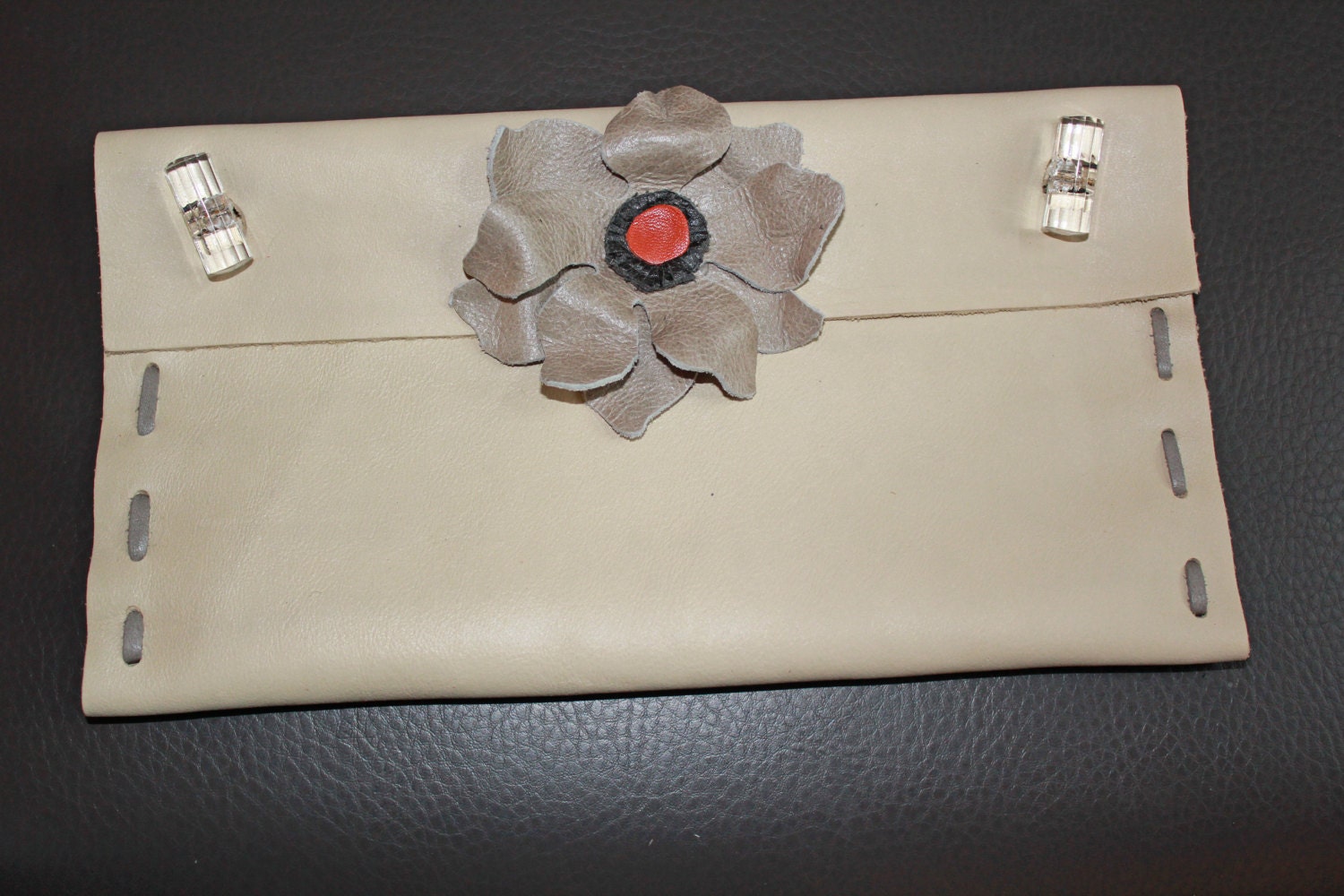 Ivory, Gray and Orange Leather Flower Clutch Handbag