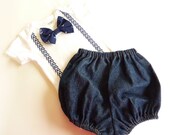 Navy Blue Chevron Suspenders Onesie with Matching Removable Bow Tie and Denim Diaper Cover