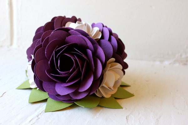 Paper Flower Cake Topper, Wedding, Purple, Ivory, Paper Rose