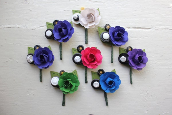 Paper Flower Boutonniere, Wedding, Purple, Blue, Green, Pink, Ivory, Rose