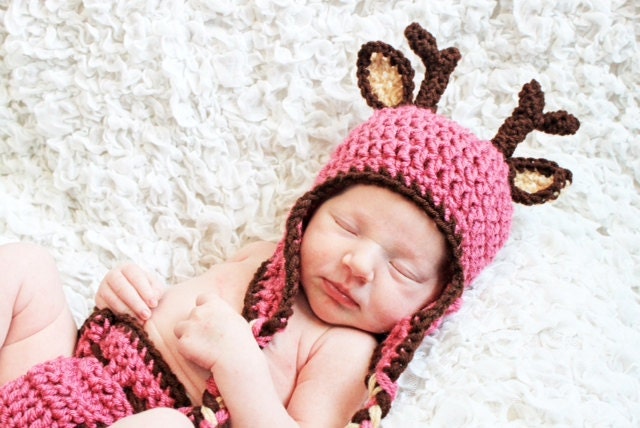 Pink Deer Hat and Diaper Cover Set