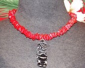 Red Tiki Goddess Necklace, Hawaiian Pinup Rockabilly Necklace