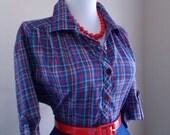 Vintage Cotton Red & Blue Plaid 1960s 1970s Rockabilly Button Down Blouse