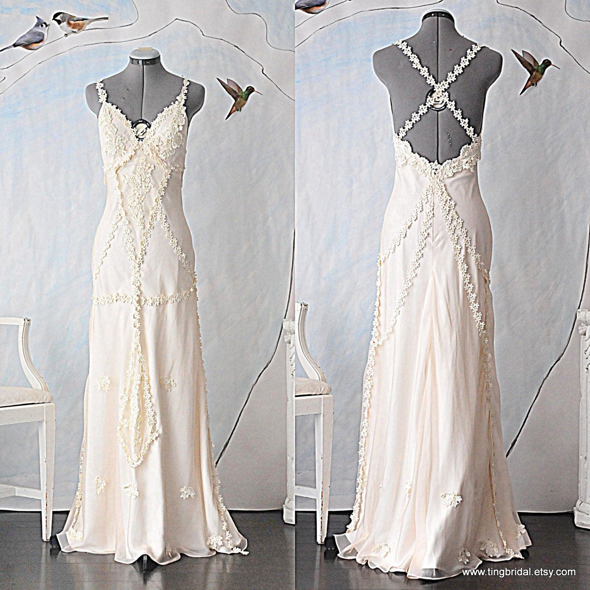 Old Memories- Vintage Ivory lace and silk chiffon Wedding Dress Gown-Vintage Inspired