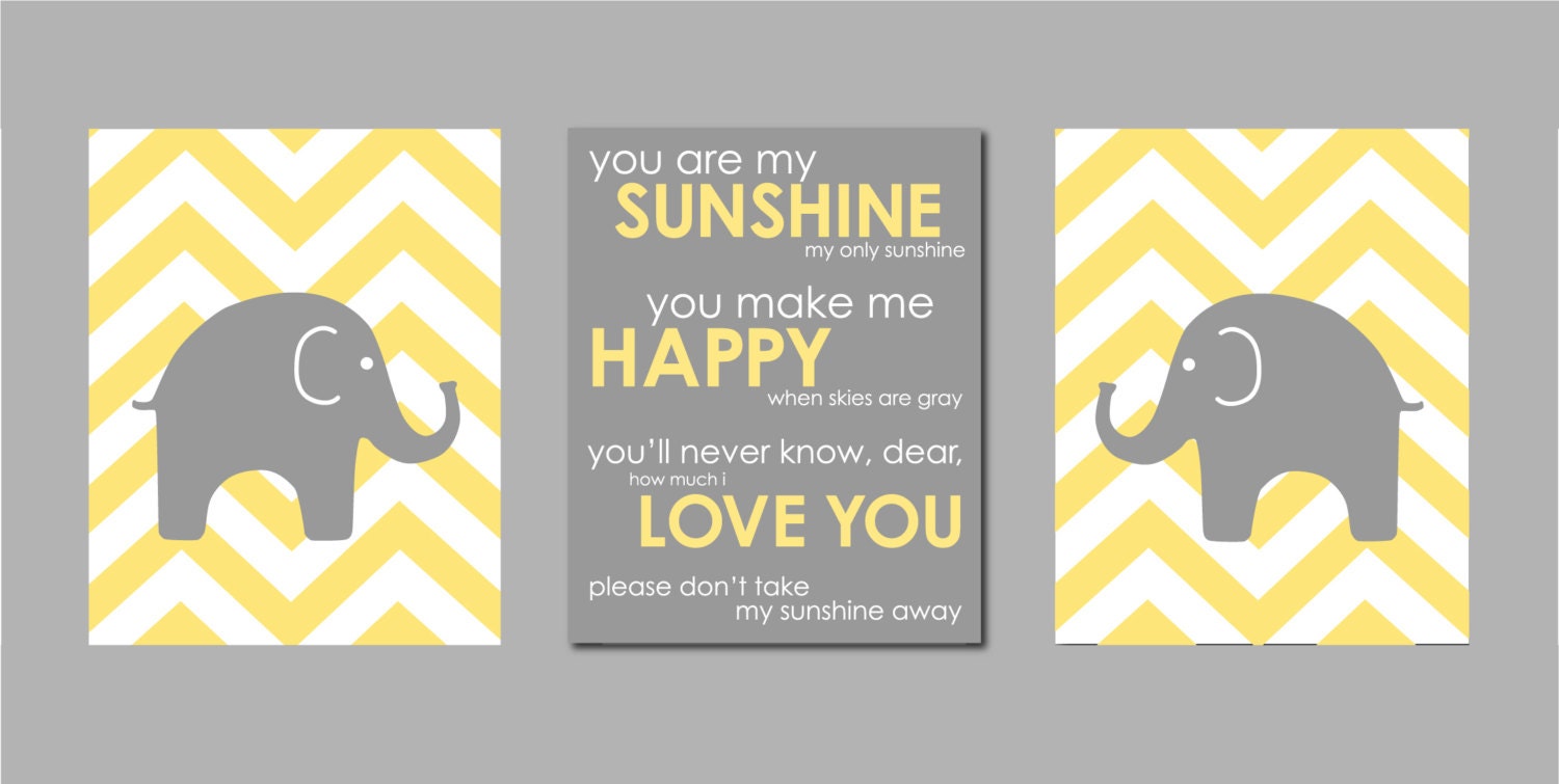 Modern Nursery Yellow and Gray Prints  - Elephant Chevron Silhouettes and You are my Sunshine- Art for Nursery - Set of three 8"x10" prints