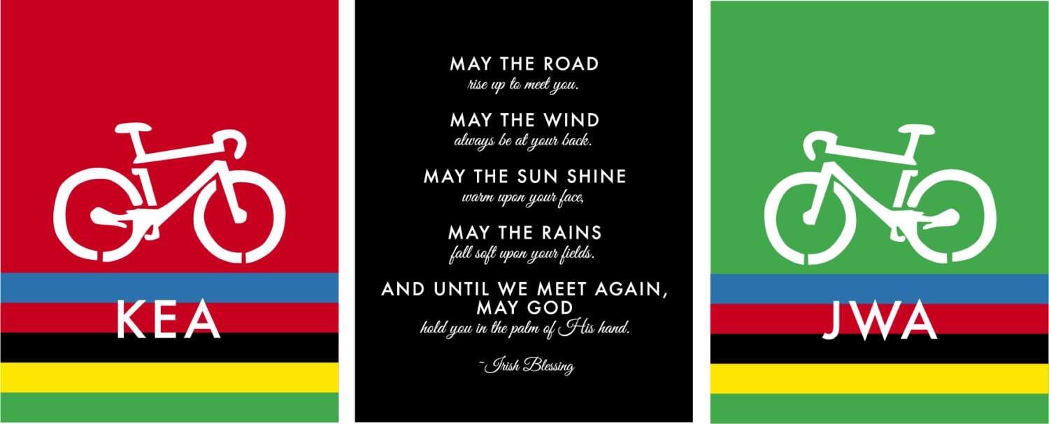 Newlywed Trio - Gift For Cyclists - Irish Blessing - Monogram Bicycle Prints - 8x10 Prints - set of 3