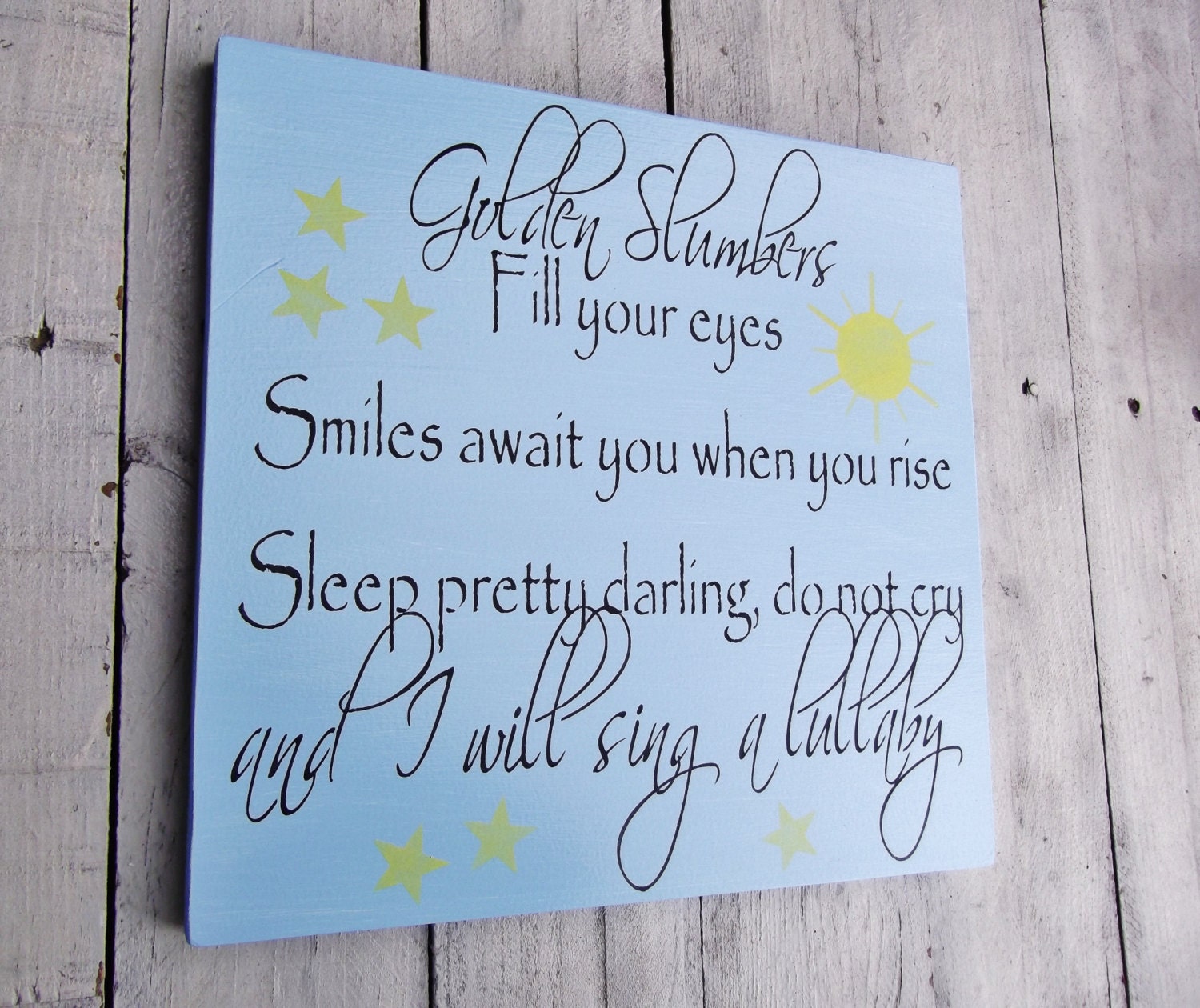 Baby boy nursery art, baby girl nursery decor, Beatles song "Golden Slumbers fill your eyes, smiles await you when you rise..."moon stars
