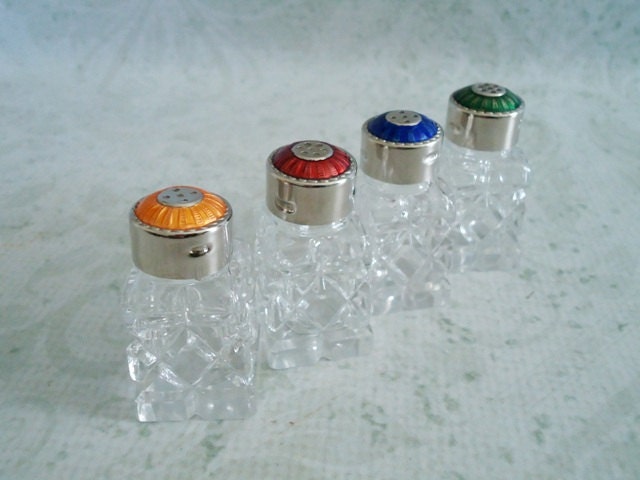 Vintage Modern Cut Glass Salt and Pepper Sets with Colored Enamel Lids