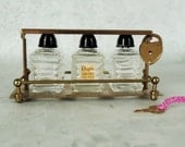 Perfume Bottle Caddy w Mini Perfume Bottles and Heart Locket and Key - Vintage Perfume Bottle Holder with Lock and Key