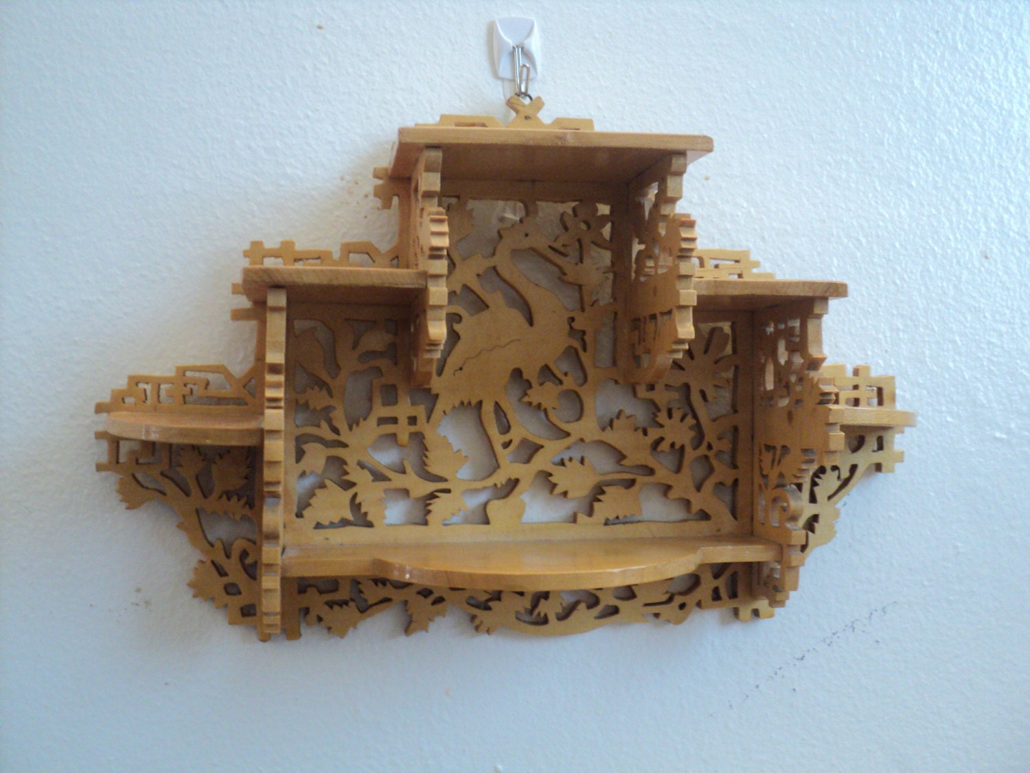 vintage hand made scroll work Oriental Asian small shelf intricate details with egret heron crane