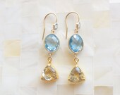 Blue Topaz Vermeil Bezel Connectors & Lemon Quartz Vermeil Dangles on Blue Topaz Earwire Earrings (E1122)