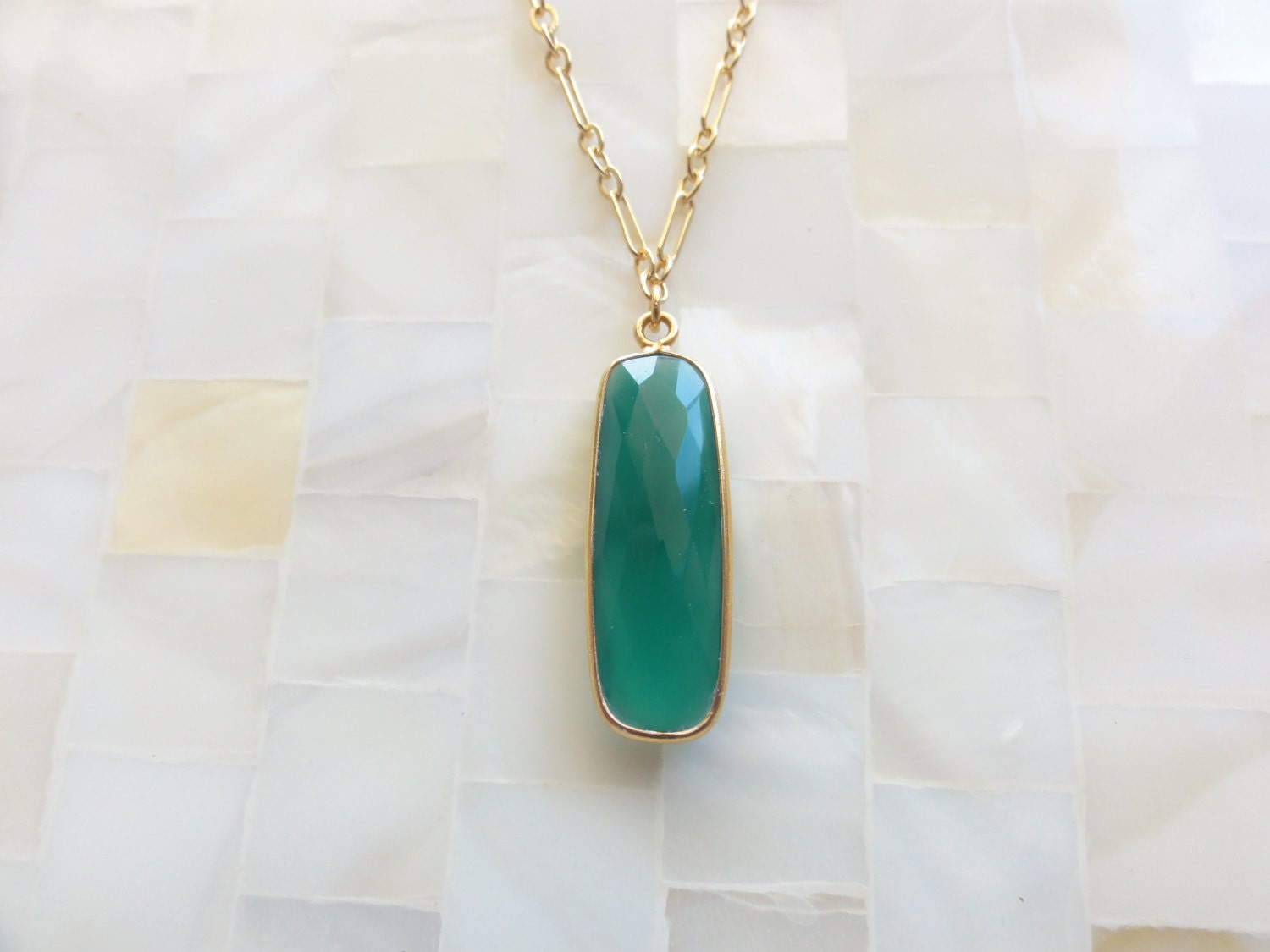 Step Cut Faceted Rectangle Green Onyx Vermeil Bezel Pendant on Gold Chain Necklace (N1610)