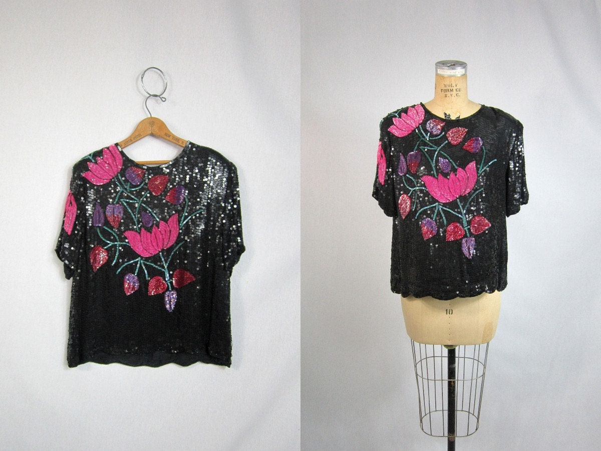 80s Silk Sequin Blouse . Pink and Black Dancing Lotus Flowers Top. Medium Large