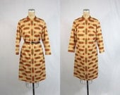 60s Fancy Dress. Green and Red Buckle Pattern Midi  . Medium Large