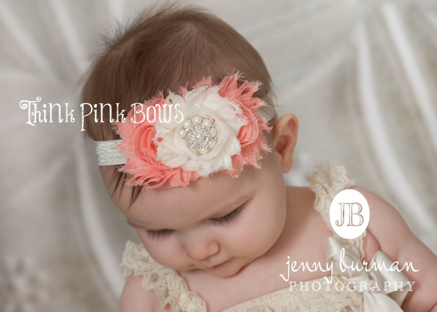 Baby headband,coral and white baby headband, flower headband, headband, girls headband,newborn headband,shabby chic headband.