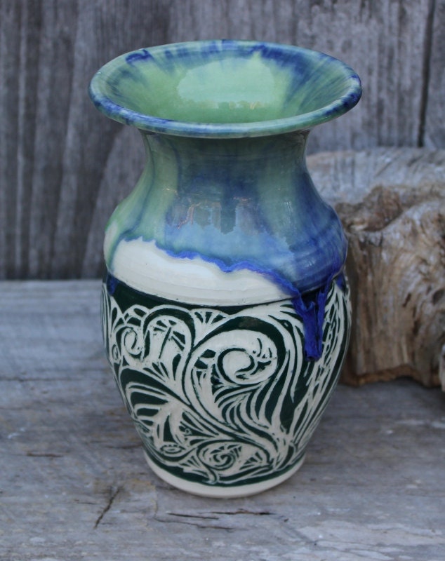 Blue Green Dragonfly and Bird Vase