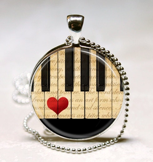 Music Jewelry Piano Necklace Black and White Keyboard Glass Dome Art Pendant With Ball Chain Included