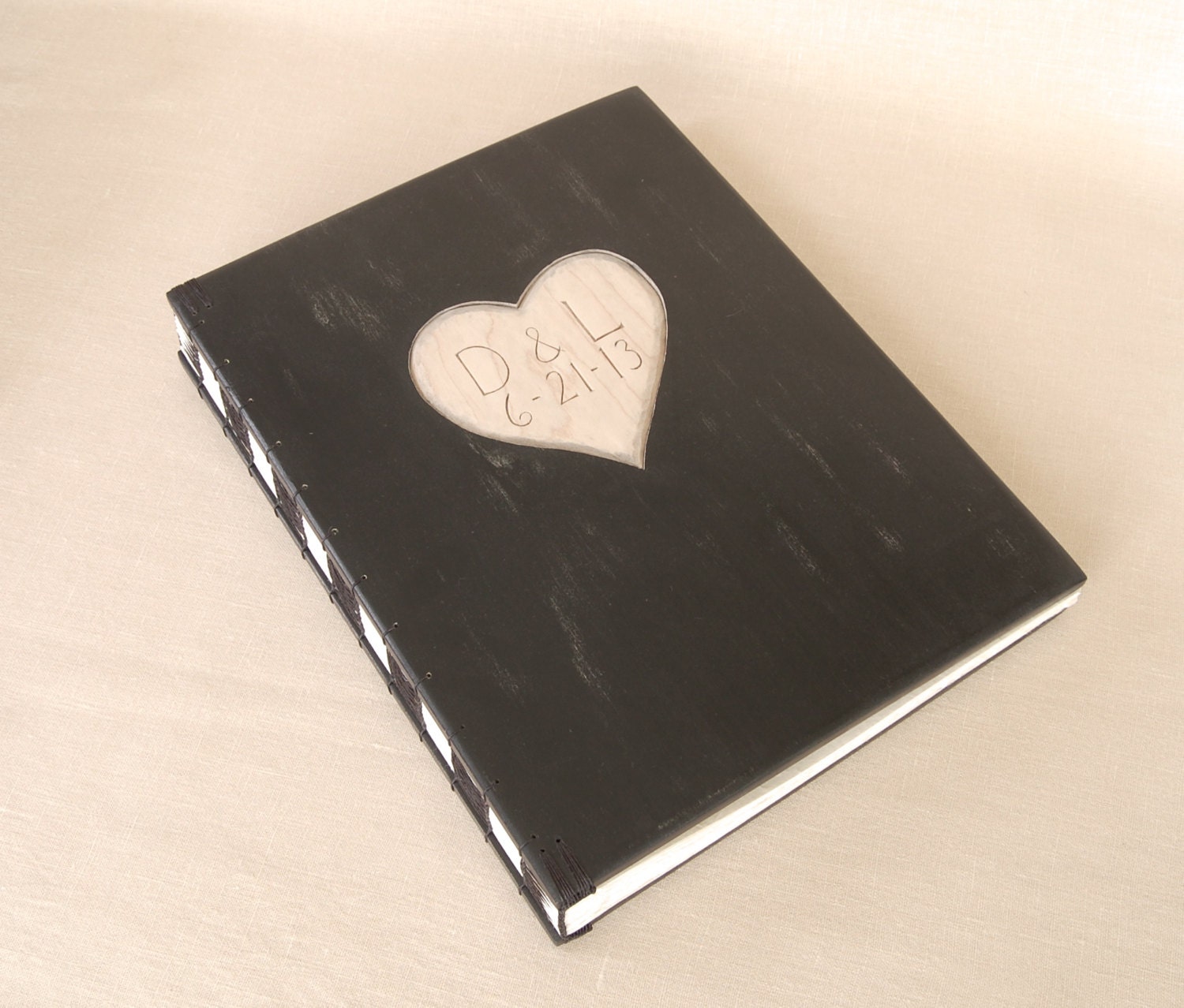 carved wedding guest book vintage  black wood covers anniversary gift - personalized rustic victorian antique  - made to order