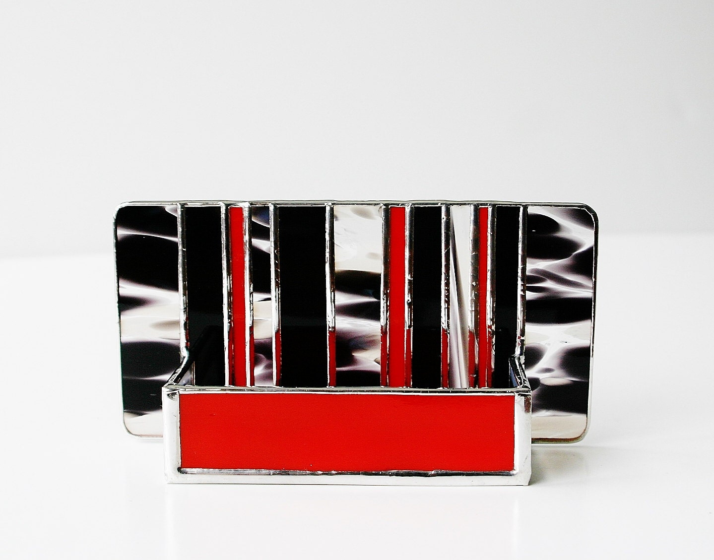 Stained Glass Business Card Holder Black White Cherry Red Art Glass Office Decor Modern Desk Accessory Unisex Handmade OOAK