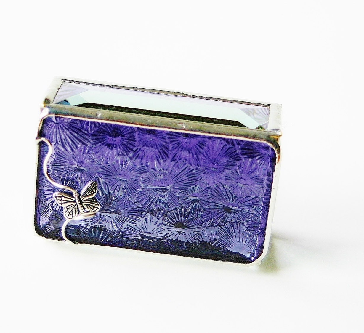 Stained Glass Box Purple Daisy 2x3 w/ Silver Pewter Butterfly Mothers Day Anniversary Gift Handmade OOAK