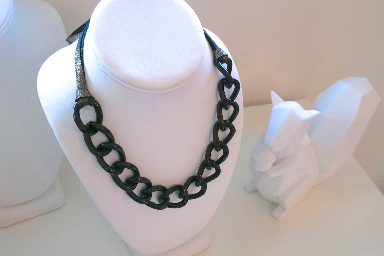 Chunky Black Chain link and Gold Leather Necklace