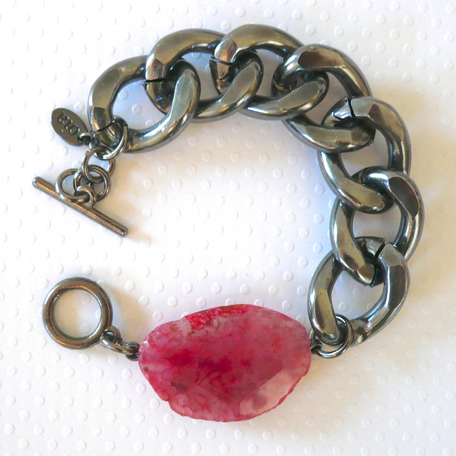Chunky Gunmetal Link Bracelet with Magenta Agate