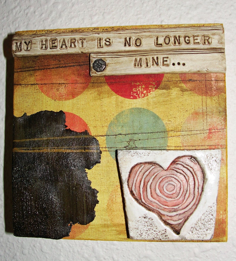 SALE No longer mine heart Original collage Valentines day art work 4 x 4 x 1 signed