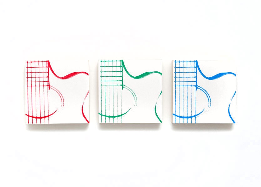 Music Art: 6 x 6 Acoustic Guitar Trio Wood Canvas RGB Series (White w/ Red, Green, & Blue) Screenprint/Painting, Guitar Wall Art, Colorful
