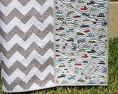 Chevron Boy Quilt Baby Grey Blanket Transportation Cars Trucks Gray
