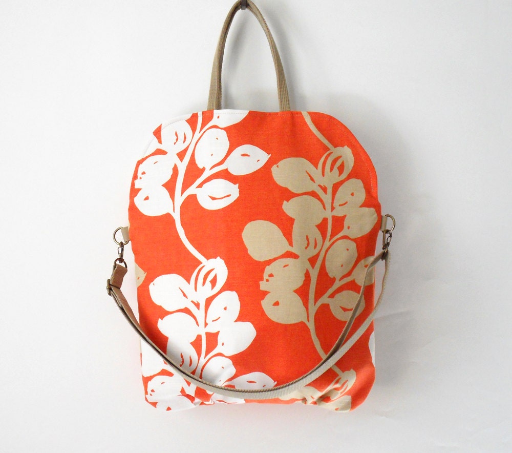 Orange fold over flap style tote / cross body bag / diaper bag / handbag / attachable strap, Design by BagyBags