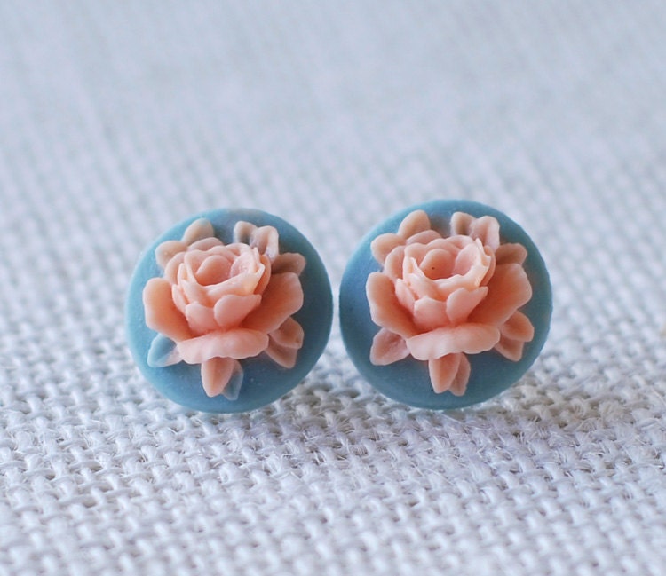 Dusty Blue and Peach Orange Flower Post Earrings. Vintage Style Shabby Chic French Country Flower Cabochon Post Stud Earrings