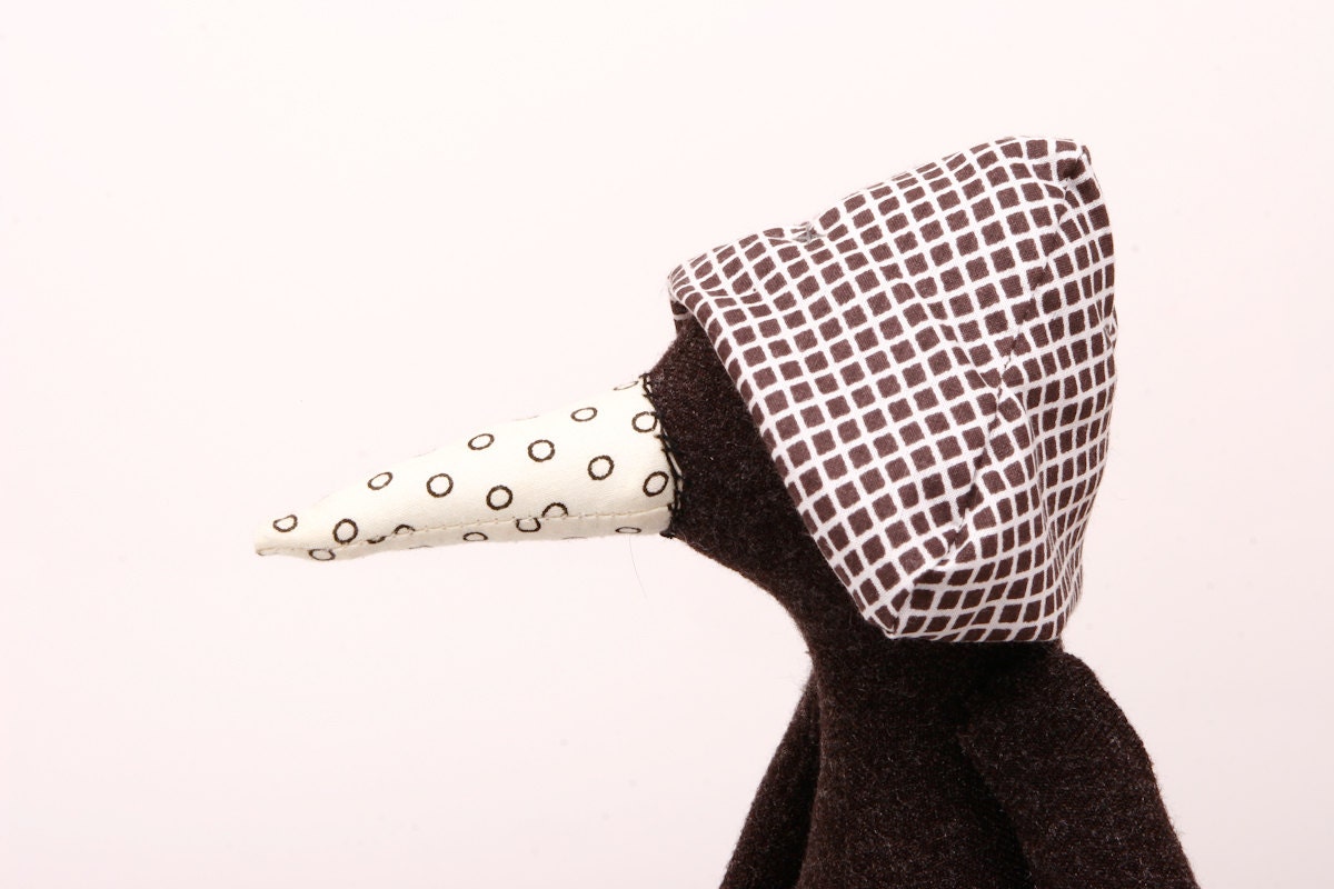 Dark soft penguin or bird Wearing Black and white checkered hat and striped jeans pants - handmade fabric doll