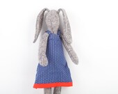 Stuffed bunny hare - child friendly toy , Girl Rabbit made from gray knitted silk - Wearing  Dotted blue dress - handmade eco fabric doll