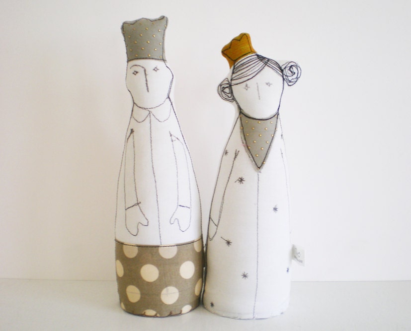 Royal Couple - King and Queen in Sage green dotted gold crown and scarf and Polka Dots clothing-  handmade eco fabric dolls