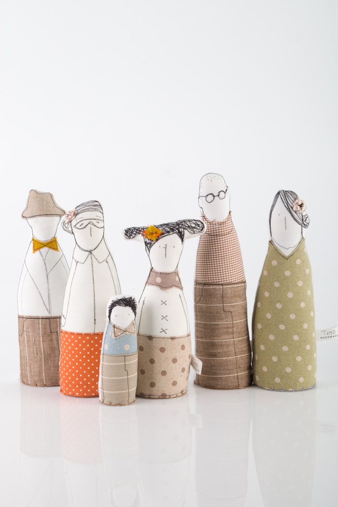 Family  portrait ooak , art doll - grandparents, parents and childrens dressed in natural earth tones , stripes plaid and polka dots
