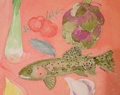 Kitchen watercolor painting including fish, herbs and vegetables, pink background (apologize for the sideways view)