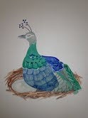 Female peacock in waiting painting.She has a wise confident smile. Portrays a colorful hen sitting on her nest warming her eggs