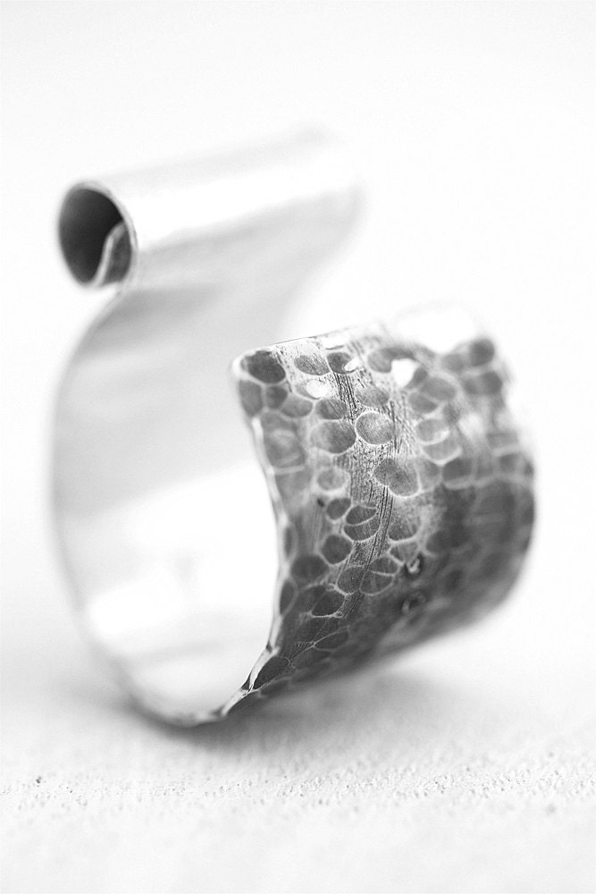 Hammered Silver Ring, wide silver band, adjustable silver ring, open silver ring