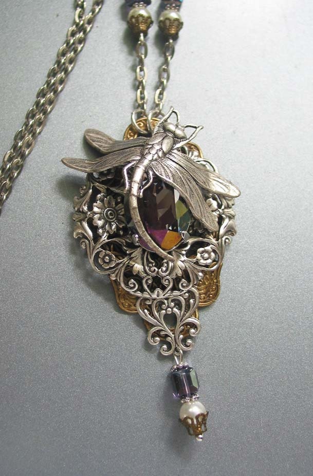 Starlight Swarovski Crystal Dragonfly Steampunk Necklace