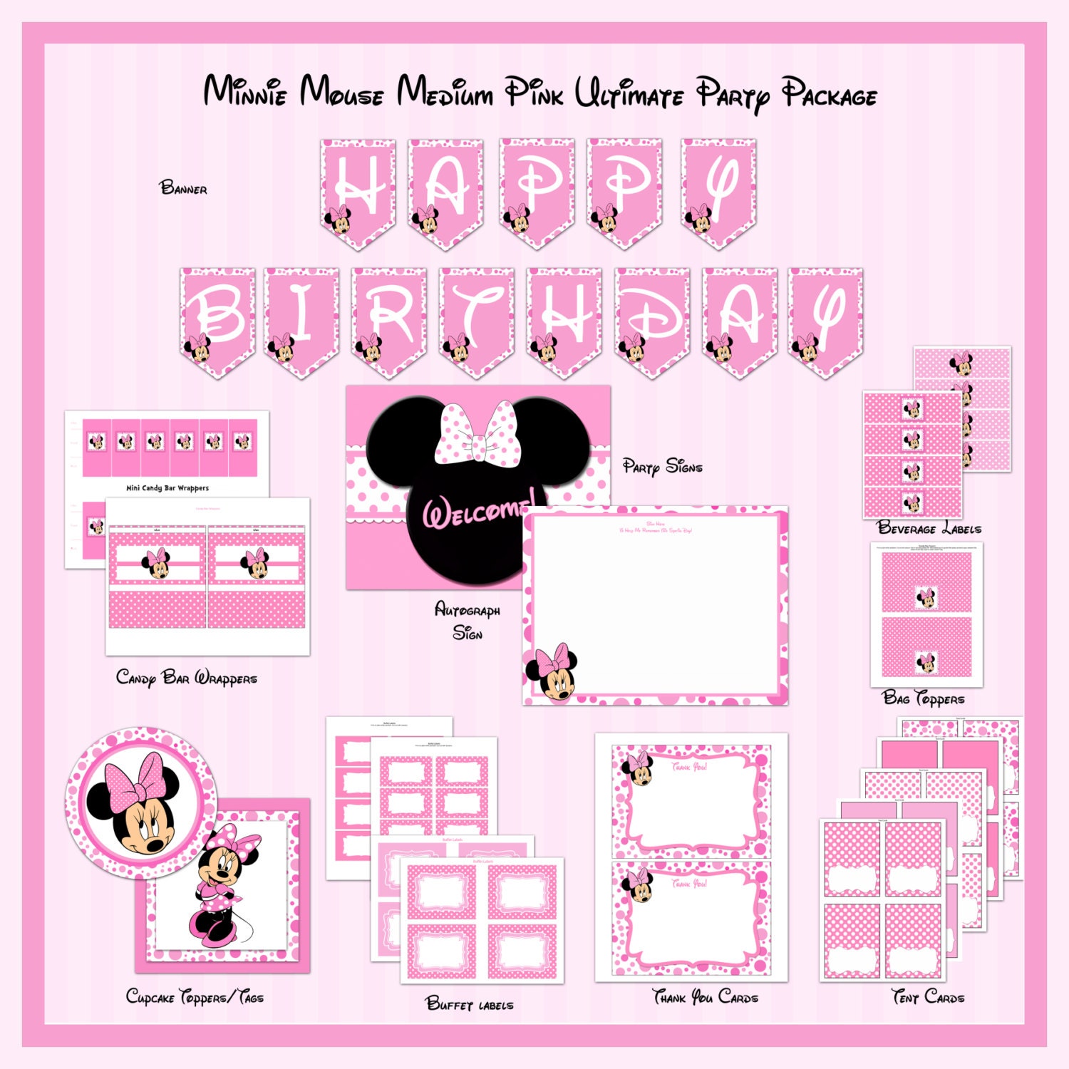 INSTANT DOWNLOAD - 50% off - DIY Printable Minnie Mouse Polka Dots Ultimate Birthday Party Package, Medium Pink
