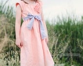 Girls Flutter Sleeve Dress in Peach Linen with Light Gray Sash 9-12 mo-6T