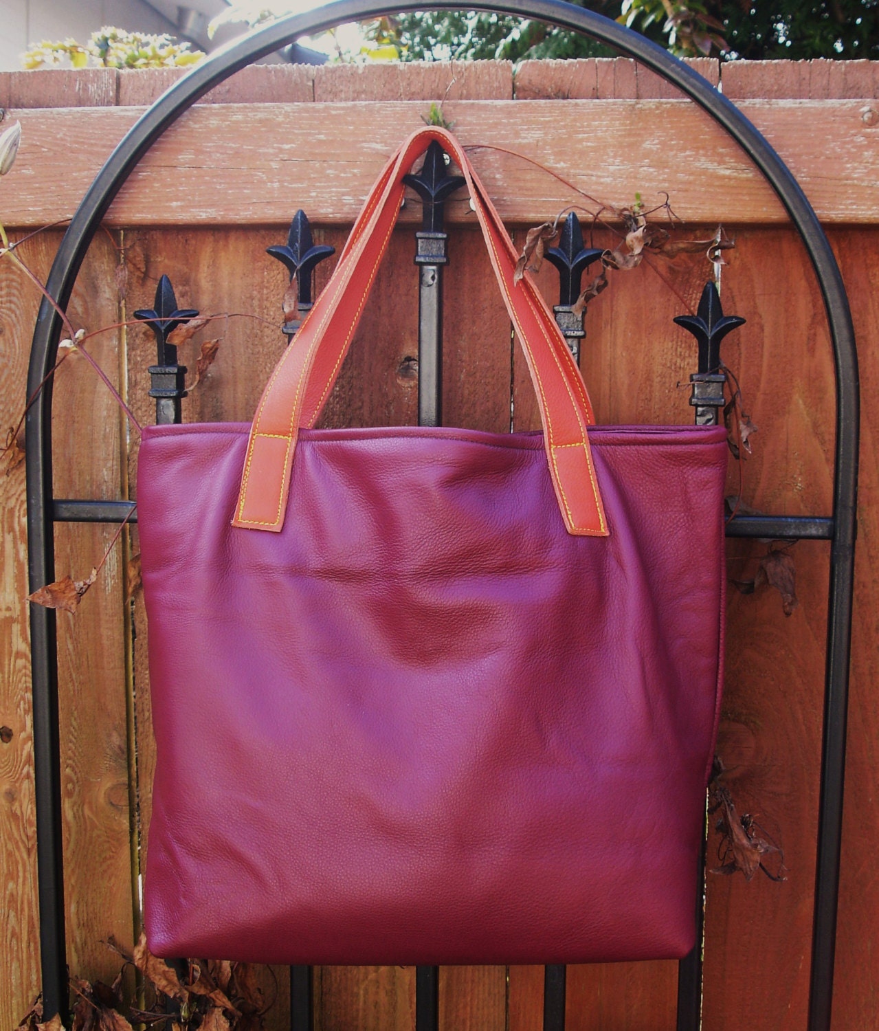 Large Purple Berry Leather Tote Bag with Tangerine Orange Leather handles