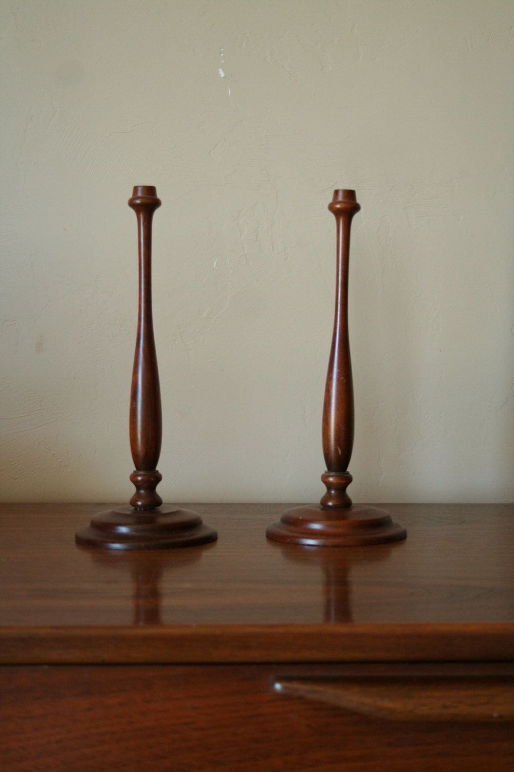 Vintage Pair of Wooden Candle Holders - Mid Century Modern - Teak / Danish Style - Set of Two